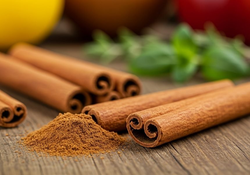 Zimtstangen und Zimtpulver auf einem Holztisch, umgeben von frischen Zutaten.