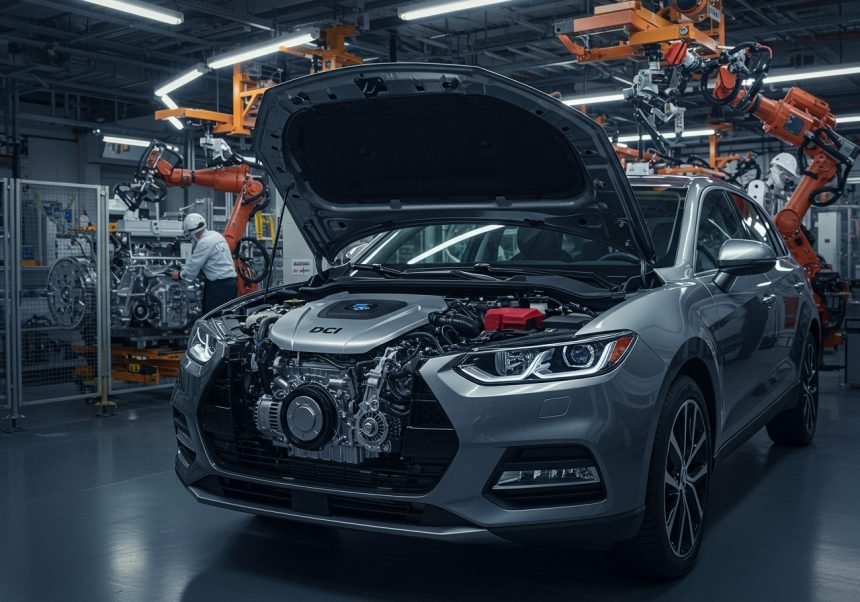 Ein moderner DCI-Motor in einem Fahrzeug, umgeben von Robotertechnik in einer Fabrik.