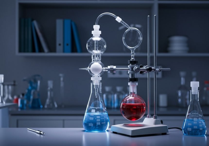 Ein chemisches Labor mit einem Deflegmator, der blaue und rote Flüssigkeiten trennt.