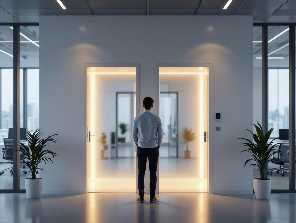 Ein Mann steht vor einer beleuchteten Tür in einem modernen Büro.