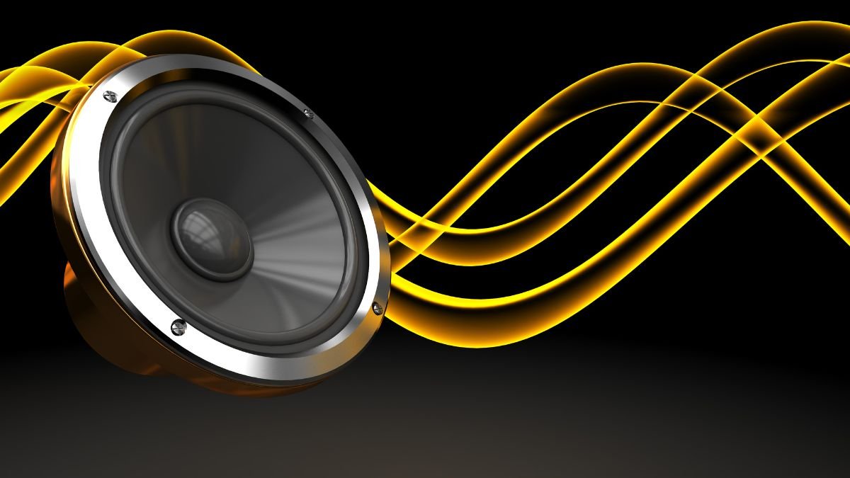 Ein Lautsprecher mit schwingenden Klangwellen in Gelb auf schwarzem Hintergrund.