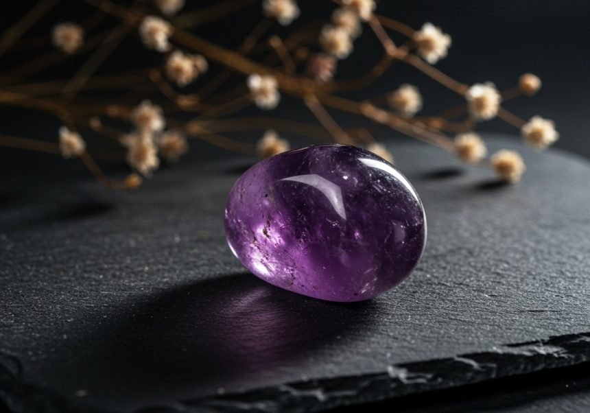 Ein glatter Amethyststein auf einem schwarzen Untergrund, umgeben von zarten Pflanzen.