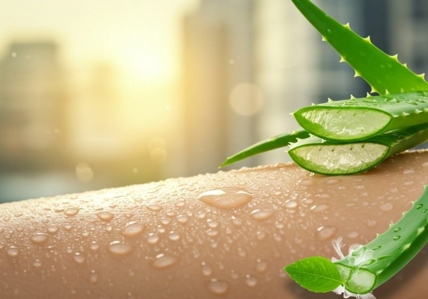 Eine Hautoberfläche mit Wassertropfen und frischem Aloe Vera.