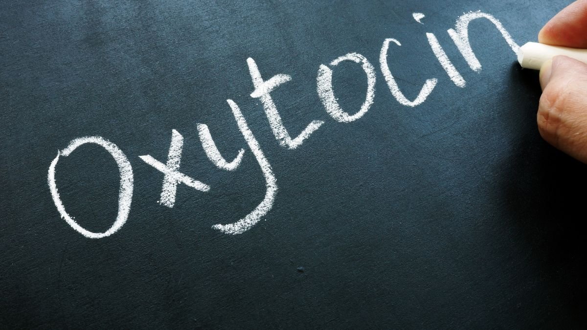 Das Wort 'Oxytocin' in weißer Kreide auf einer schwarzen Tafel geschrieben.