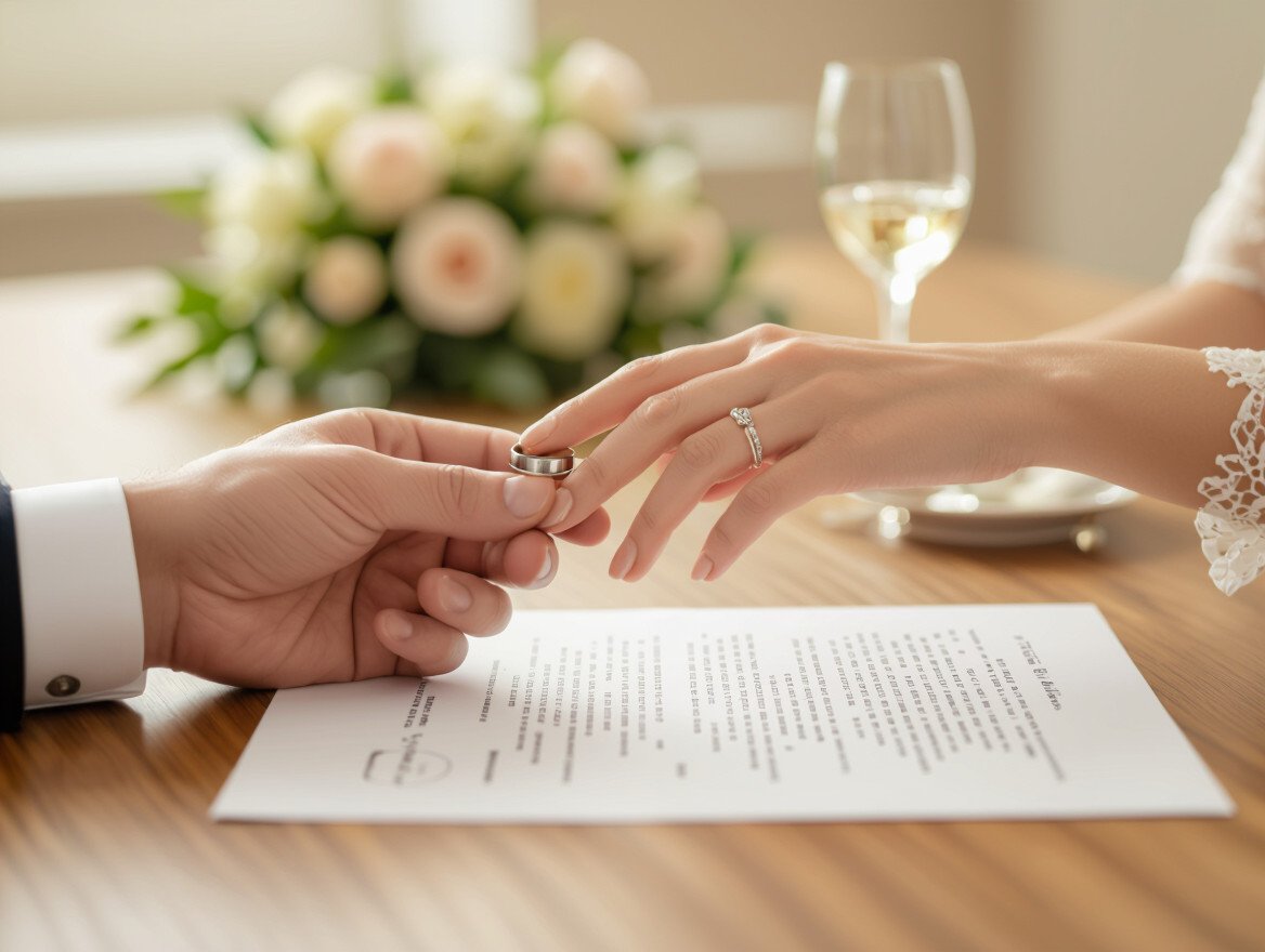 Ein Paar tauscht Ringe während einer Hochzeitszeremonie, umgeben von Blumen.