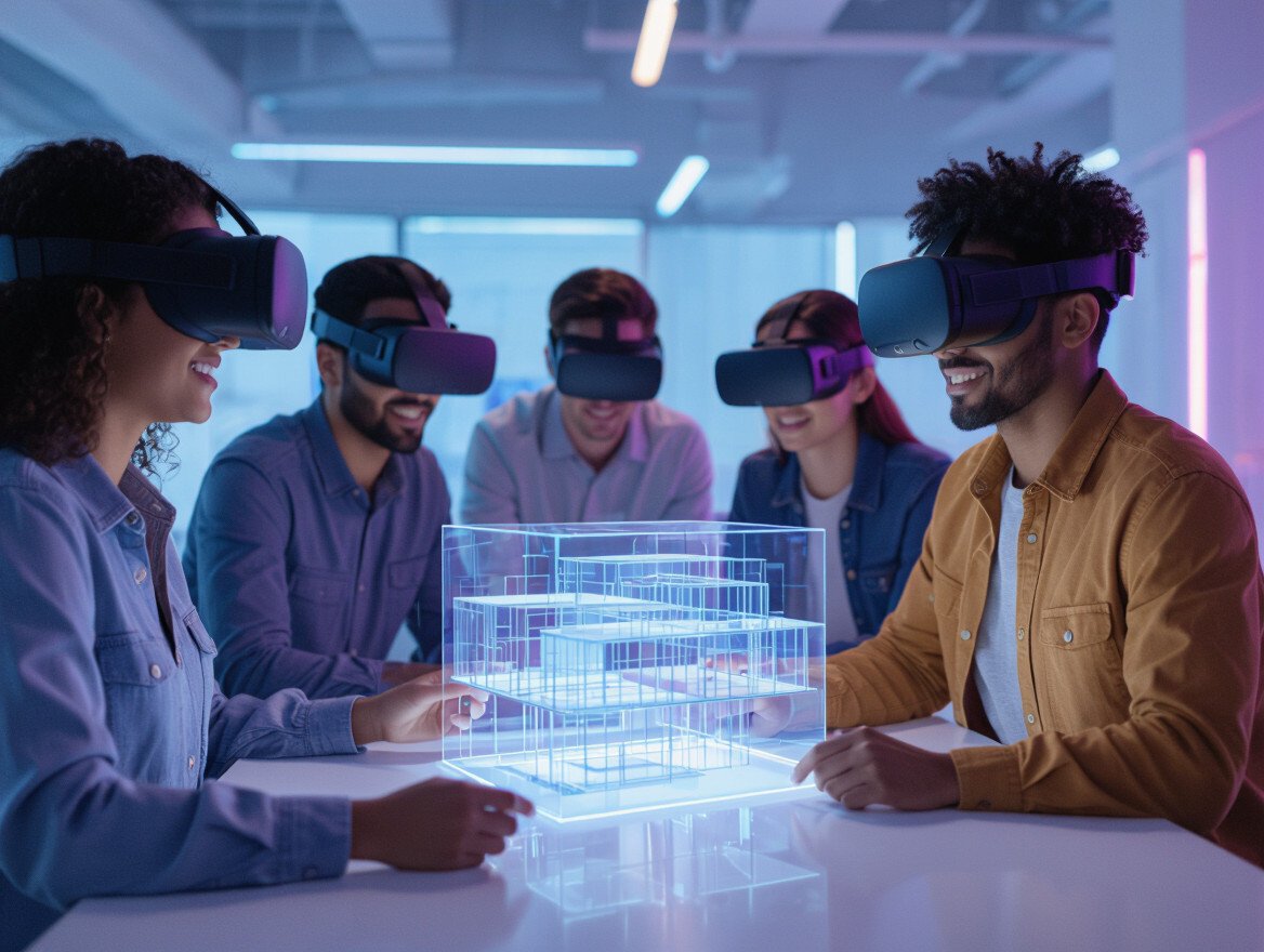 Fünf Personen mit VR-Headsets interagieren mit einem holografischen Modell.