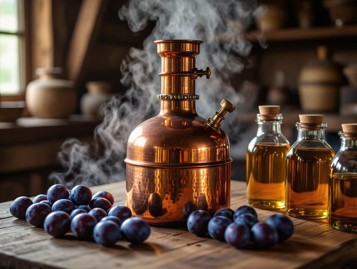 Eine Kupferbrennblase mit Dampf, umgeben von Pflaumen und Flaschen Schnaps.