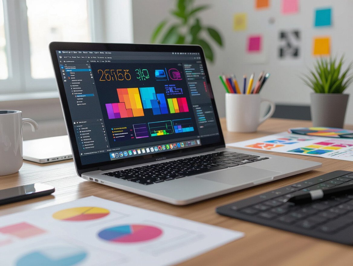 Ein Laptop zeigt ein kreatives UI-Design-Projekt auf einem Schreibtisch.