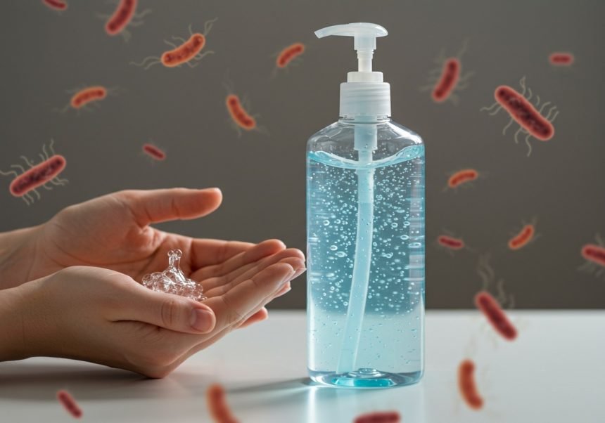 Eine Hand hält Desinfektionsgel, während Bakterien im Hintergrund sichtbar sind.
