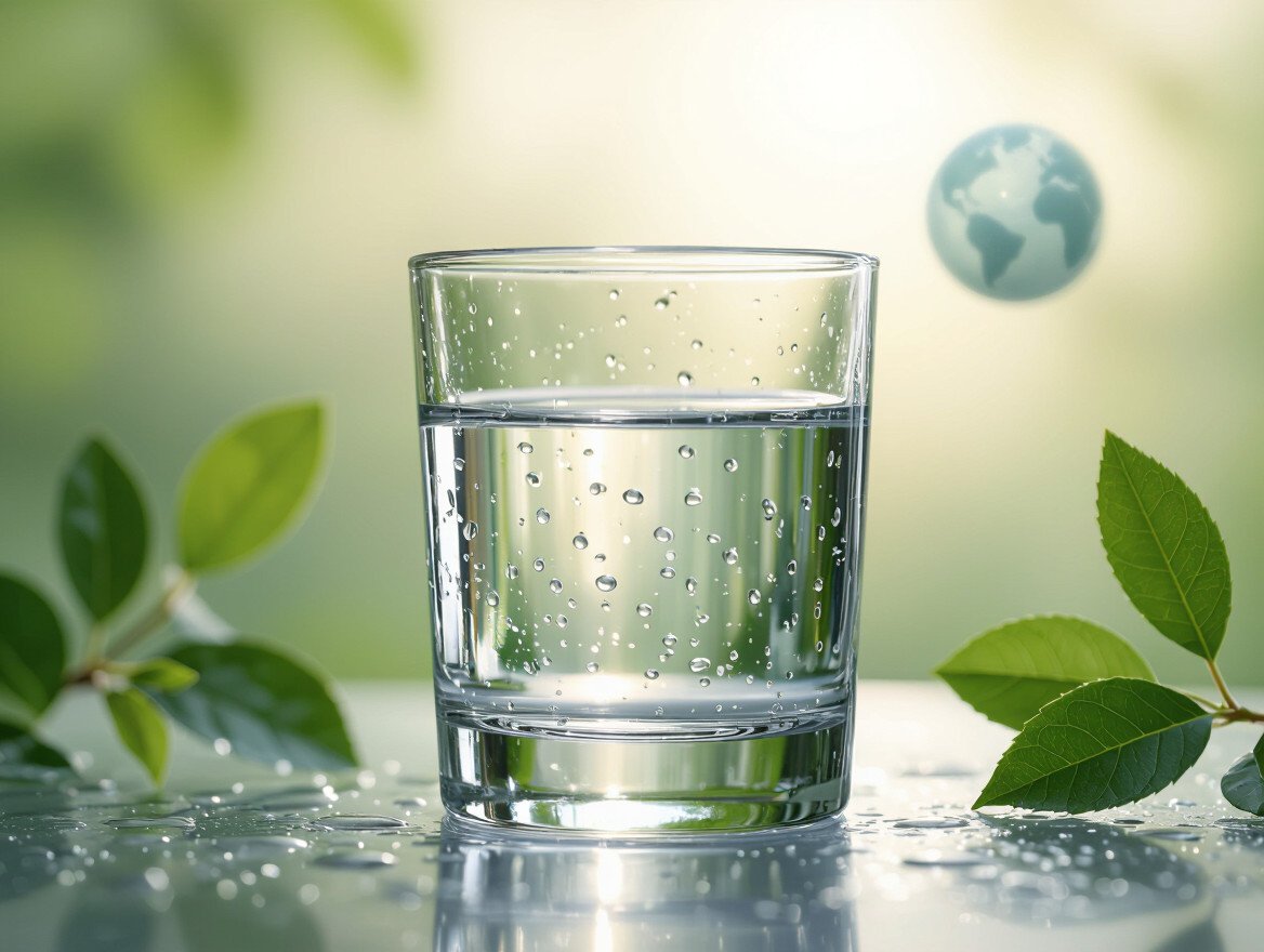 Ein Glas destilliertes Wasser mit Wassertropfen und grünen Blättern im Hintergrund.