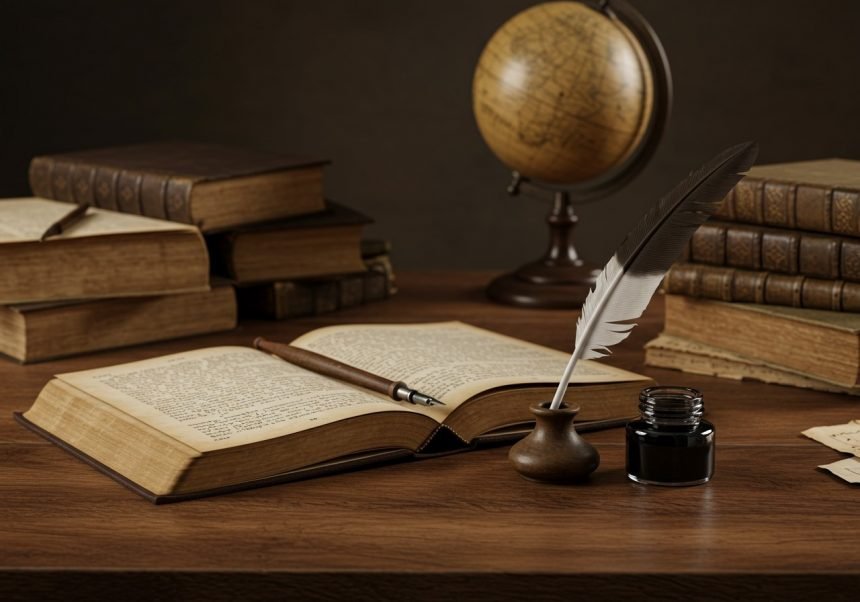 Ein offenes Buch mit einer Feder und Tinte auf einem Tisch, umgeben von alten Büchern und einem Globus.