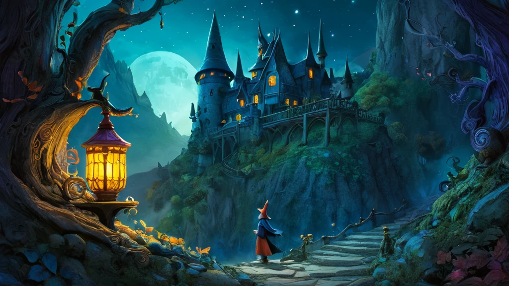 Ein Zauberer steht vor einem mystischen Schloss unter dem Mondlicht.