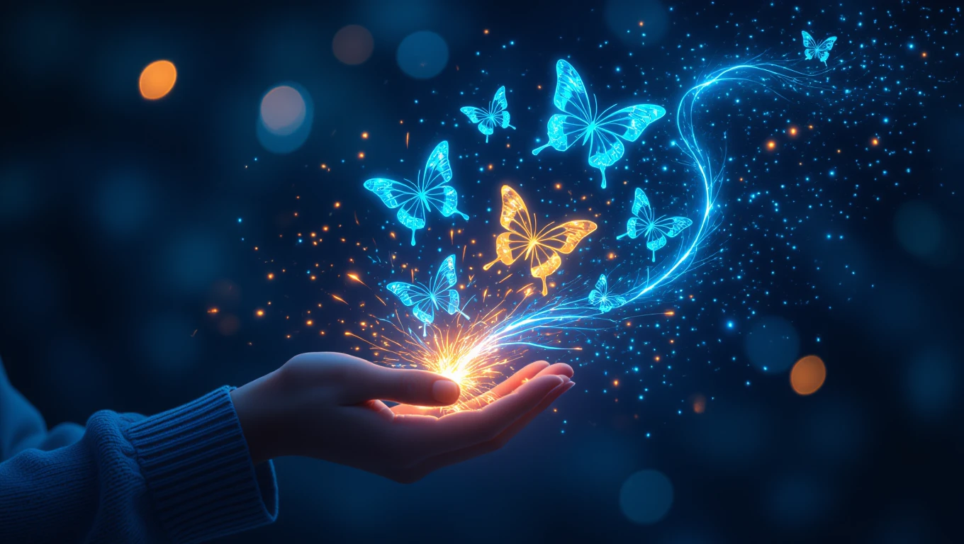Eine Hand hält funkelnde Energie, aus der leuchtende Schmetterlinge emporsteigen.