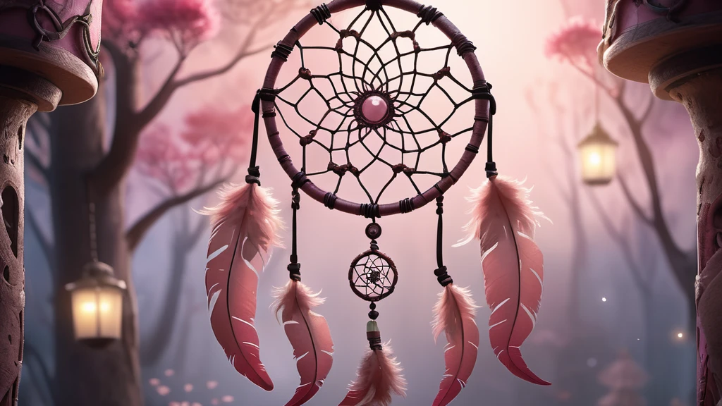 Ein filigraner Traumfänger mit rosa Federn und einem schimmernden Stein im Zentrum.