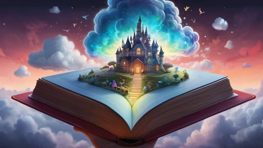 Ein aufgeschlagenes Buch mit einer Traumlandschaft und einem Schloss.