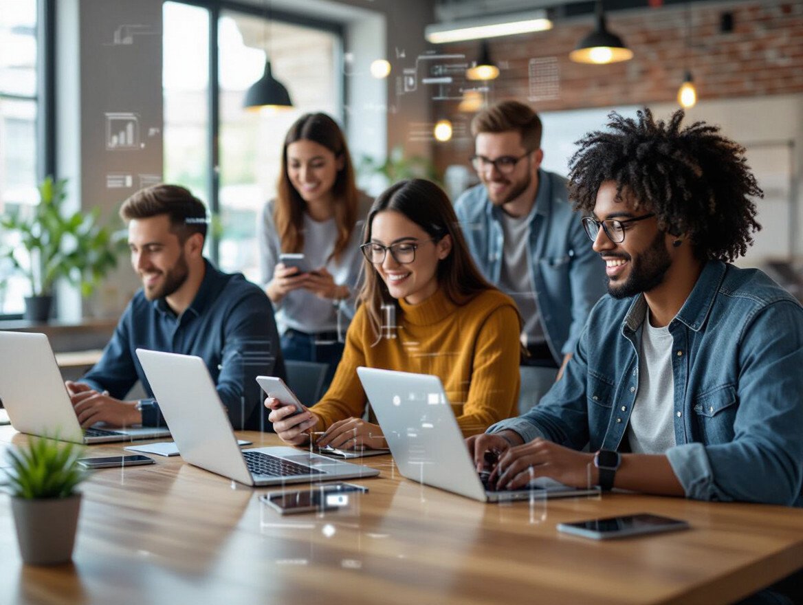 Eine Gruppe junger Menschen arbeitet an Laptops und Smartphones in einem modernen Büro.