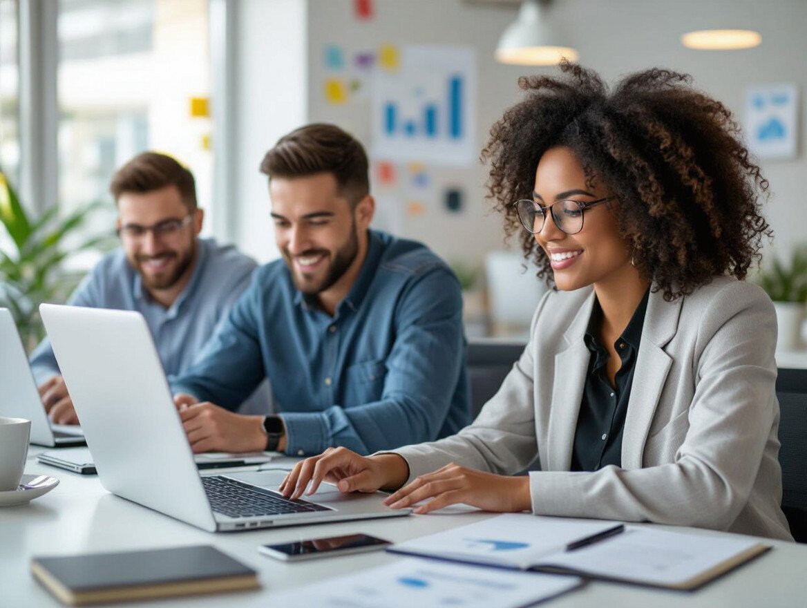 Drei Personen arbeiten konzentriert an Laptops in einem modernen Büro.