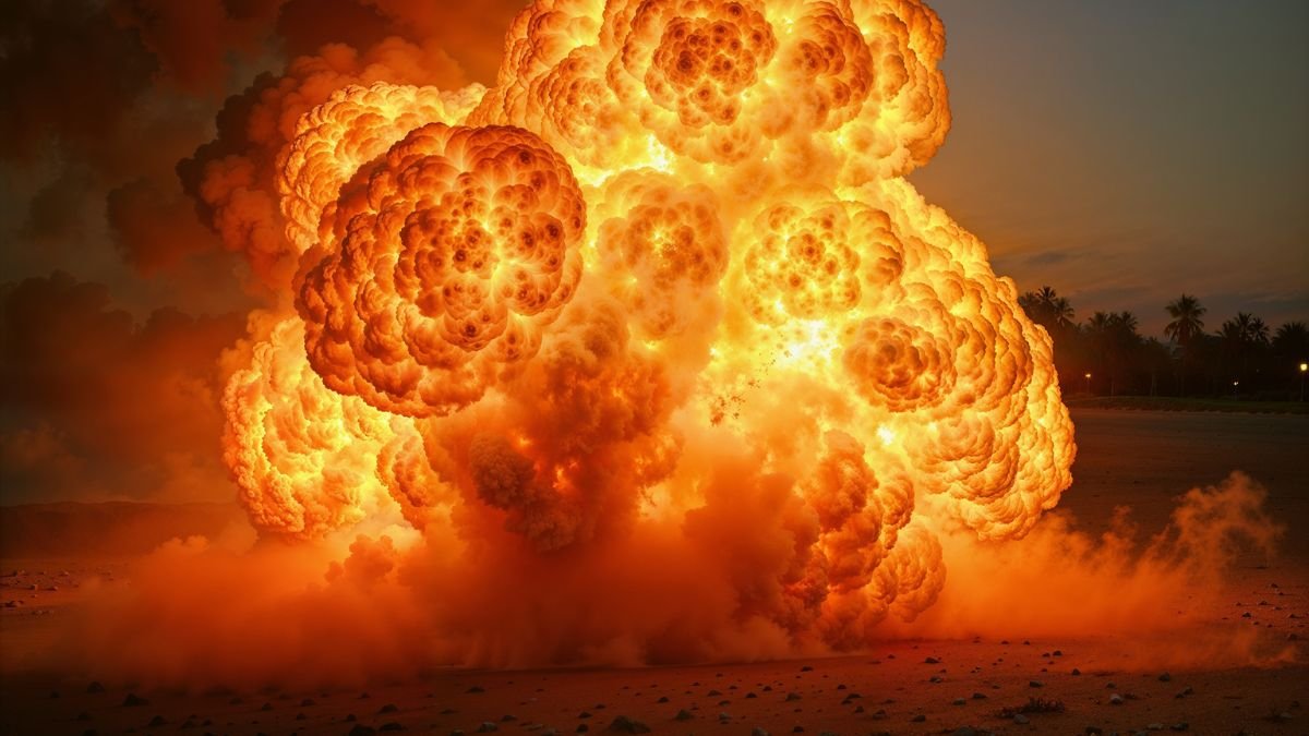 Eine massive Explosion mit leuchtenden Feuerbällen und Rauchwolken am Himmel.