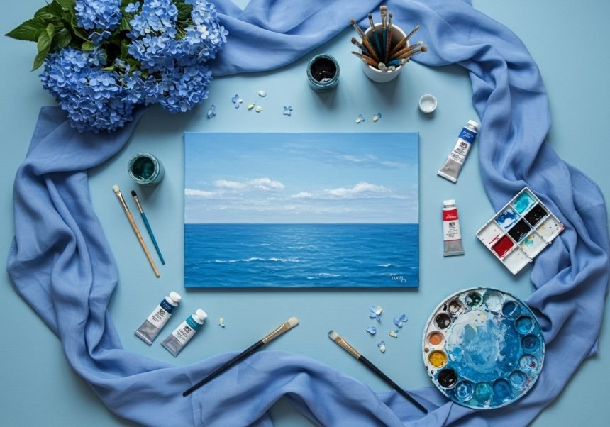 Ein kreatives Arrangement mit blauen Farben, Pinsel und einem Gemälde des Ozeans.