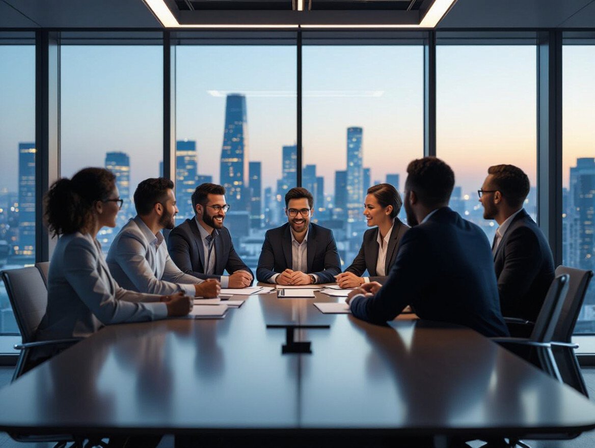 Eine Gruppe von Fachleuten in Anzügen diskutiert in einem modernen Konferenzraum.