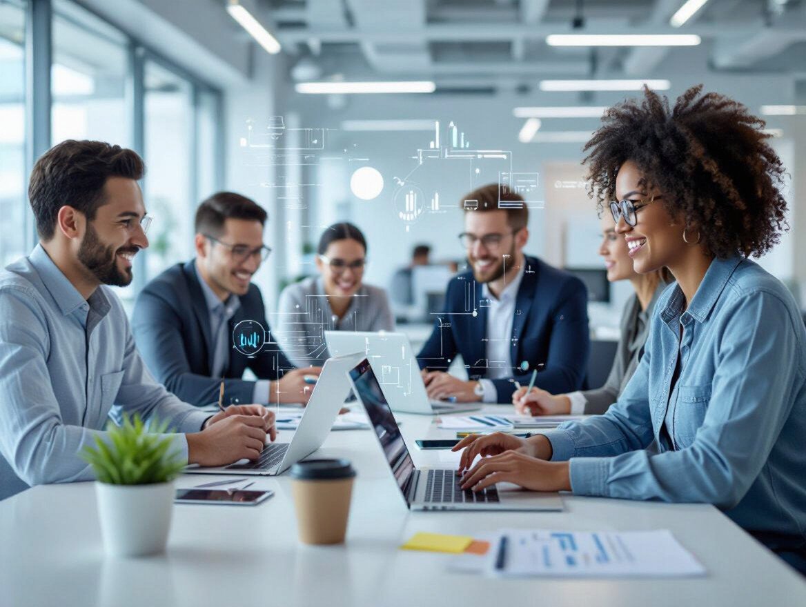 Eine Gruppe von IT-Professionals arbeitet an Laptops in einem modernen Büro.