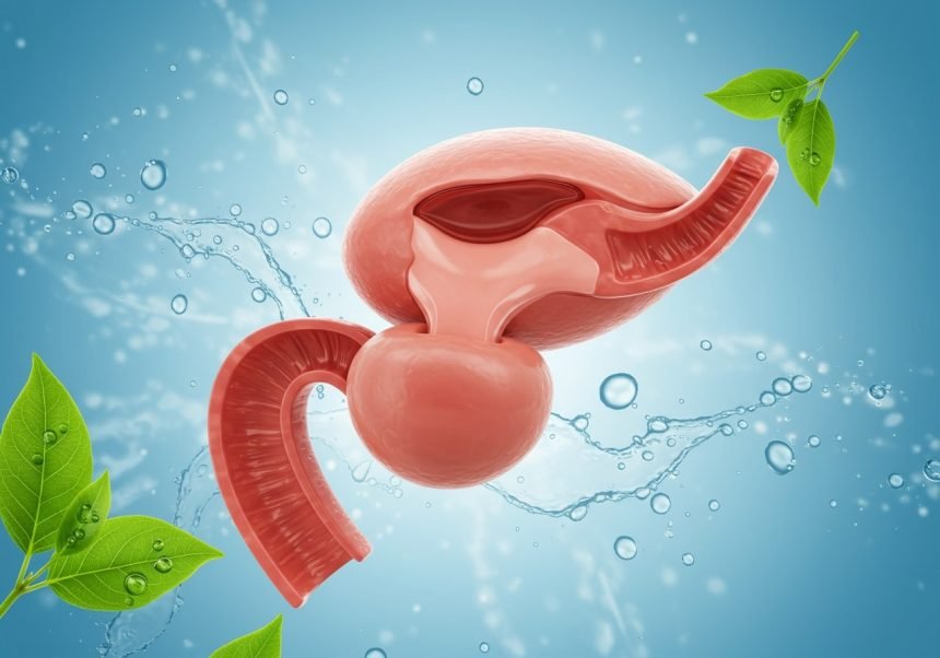 Grafik einer Prostata mit Wasser und Blättern, symbolisiert Gesundheit.