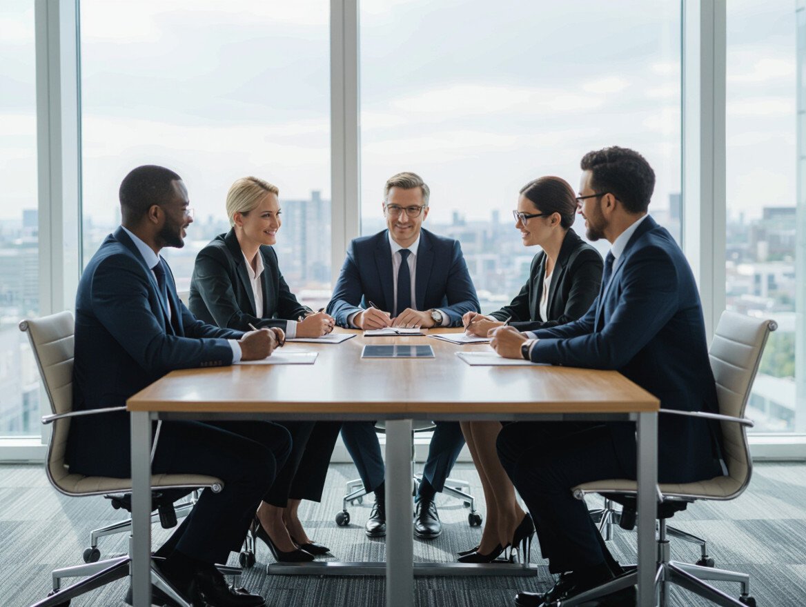 Fünf Personen in Anzügen sitzen an einem Tisch während eines Bewerbungsgesprächs.
