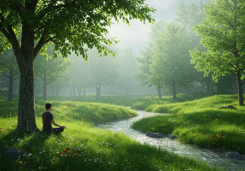 Eine Person meditiert friedlich im Regen unter Bäumen in einer grünen Landschaft.