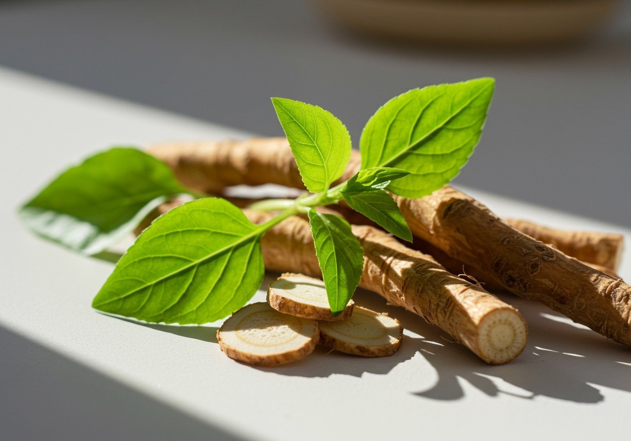Frische Kalmuswurzeln und grüne Blätter auf einem hellen Untergrund.