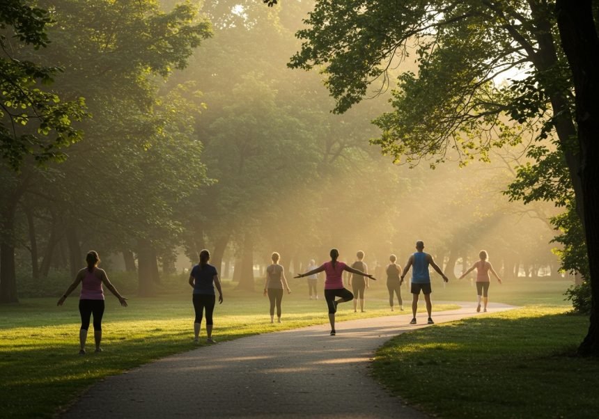 Eine Gruppe von Menschen geht im Park bei Sonnenaufgang, umgeben von Bäumen.