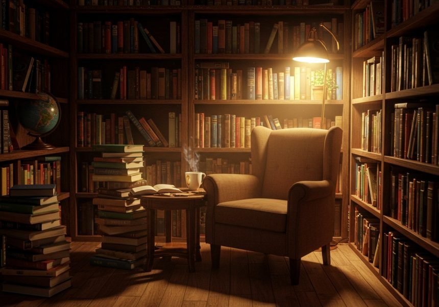 Ein gemütlicher Lesesessel vor einem Bücherregal mit vielen Büchern.