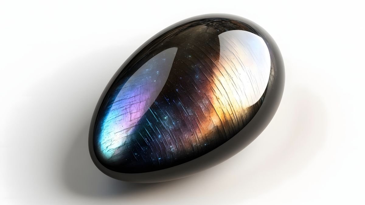 Ein glänzender Obsidianstein mit schimmernden Farben und einzigartiger Textur.