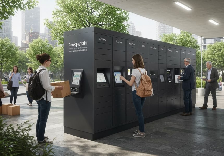 Moderne Paketautomaten in einer urbanen Umgebung mit Nutzern, die Pakete abholen.