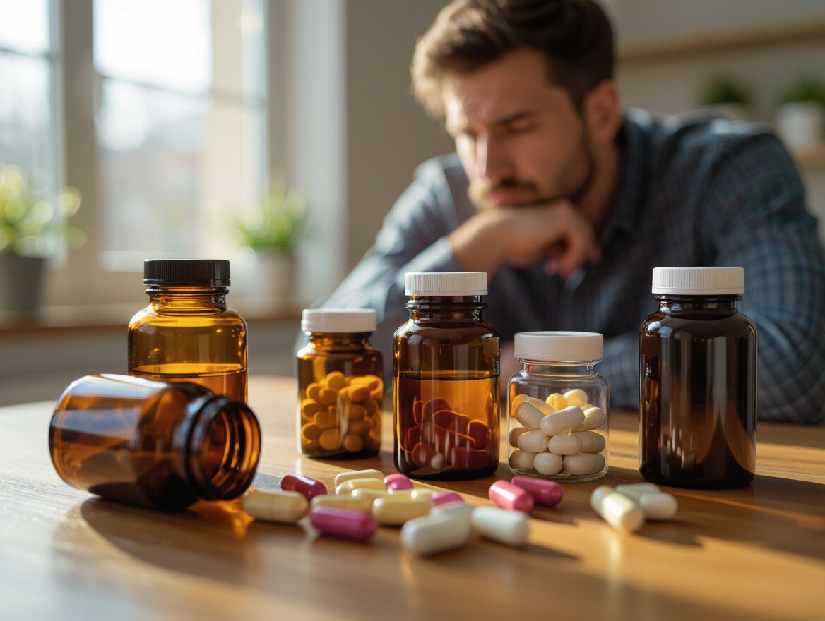 Ein Mann sitzt nachdenklich vor verschiedenen Flaschen von Fatburnern und Nahrungsergänzungsmitteln.
