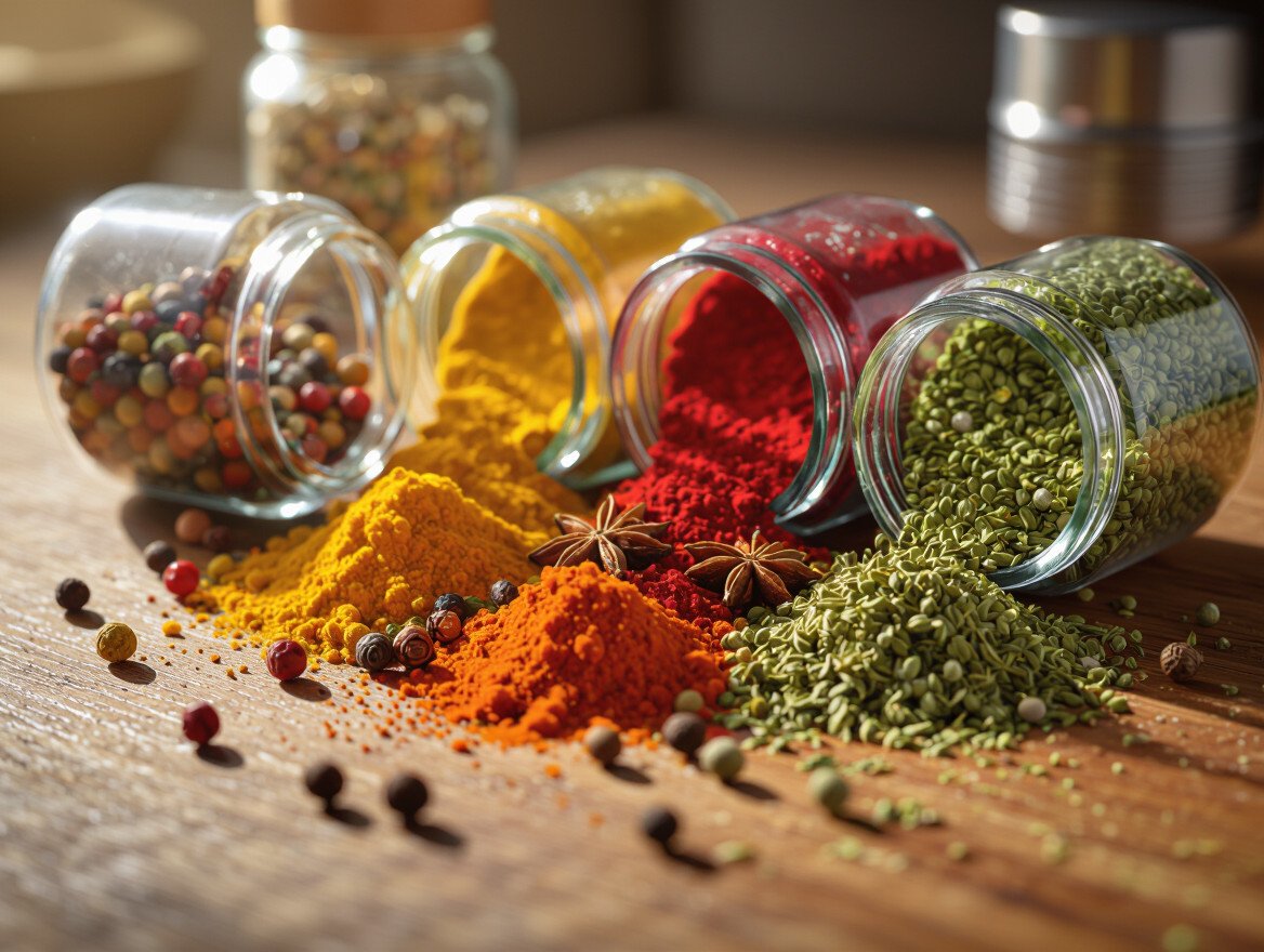 Bunte Gewürze in Gläsern und auf einem Holzbrett verteilt.