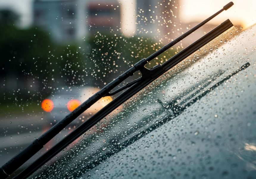 Ein Scheibenwischer entfernt Wasser von einer nassen Windschutzscheibe.
