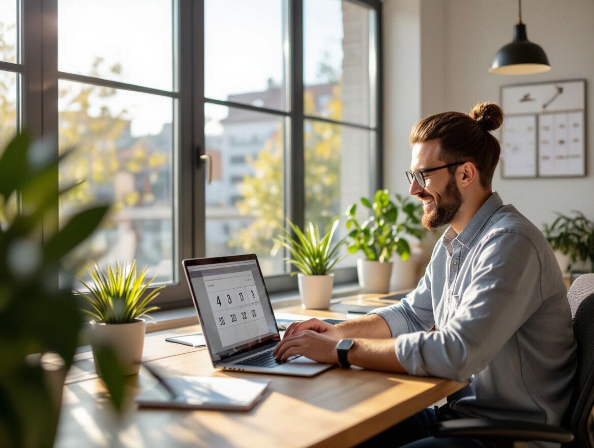 Ein lächelnder Mann arbeitet an einem Laptop in einem hellen Büro mit Pflanzen.