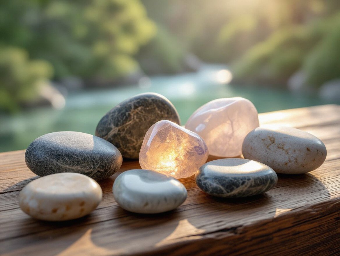 Eine Auswahl von Steinen in verschiedenen Farben und Formen auf einem Holzbrett.