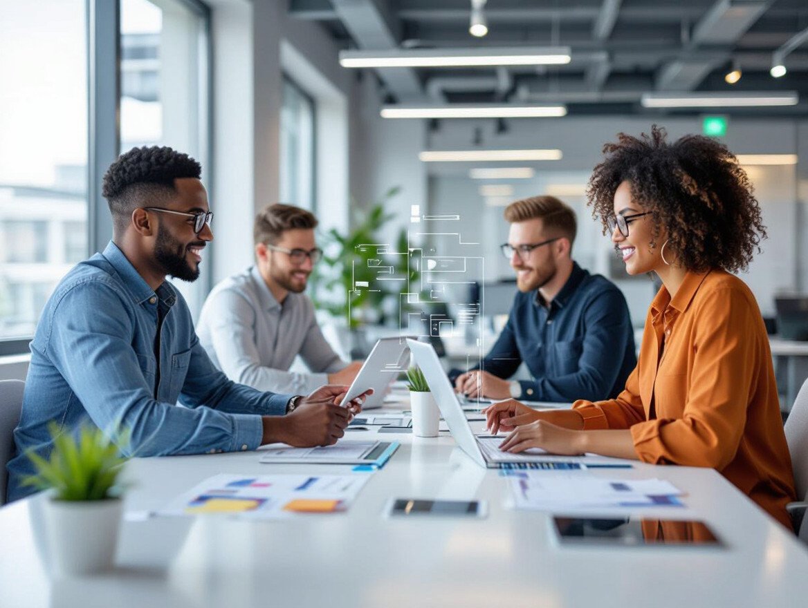 Vier Fachleute arbeiten in einem modernen Büro an Laptops und Tablets.