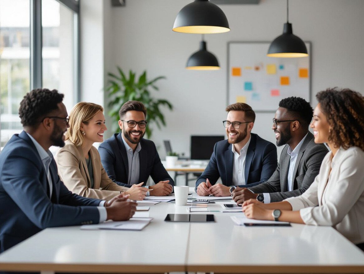 Eine Gruppe von Kollegen sitzt an einem Tisch und lächelt während eines Meetings.