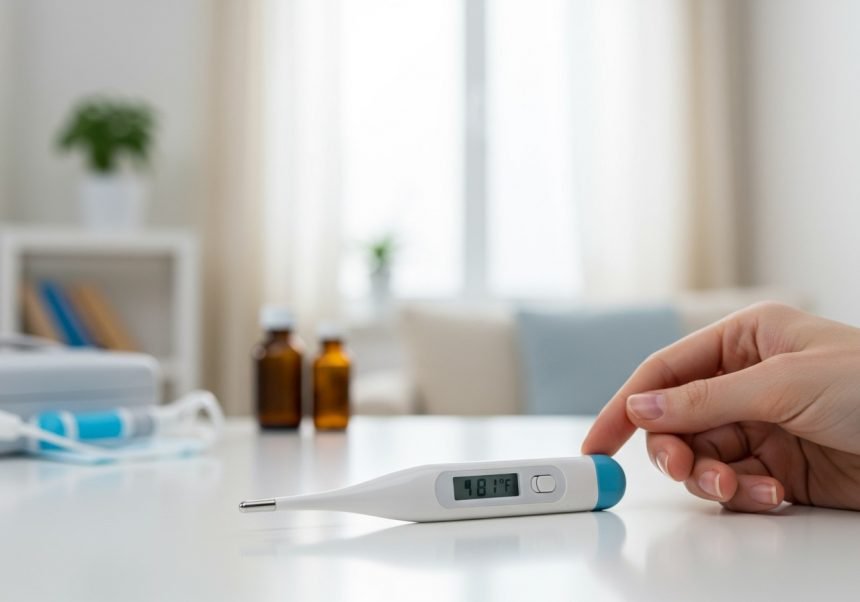 Ein digitales Fieberthermometer zeigt eine Temperaturmessung auf einem Tisch.