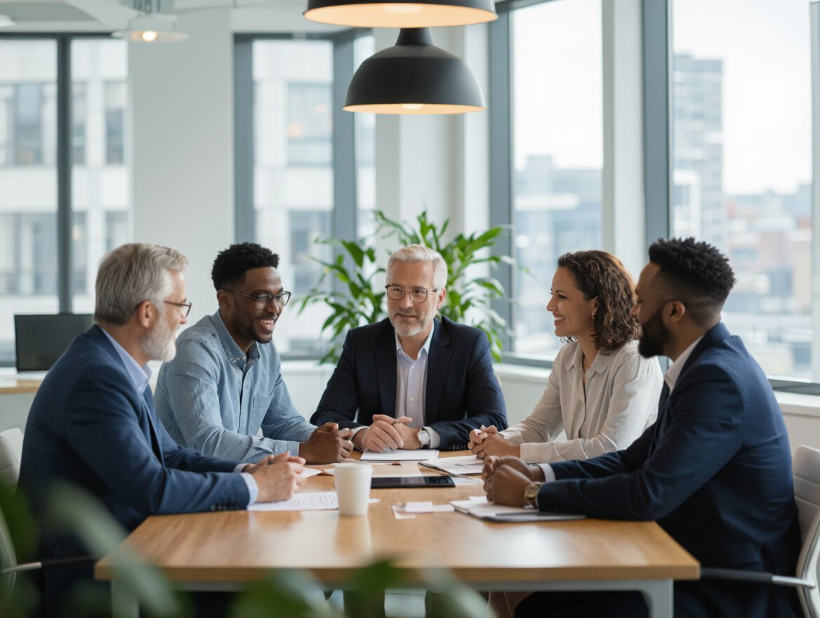 Eine diverse Gruppe von Fachleuten diskutiert in einem modernen Büro.