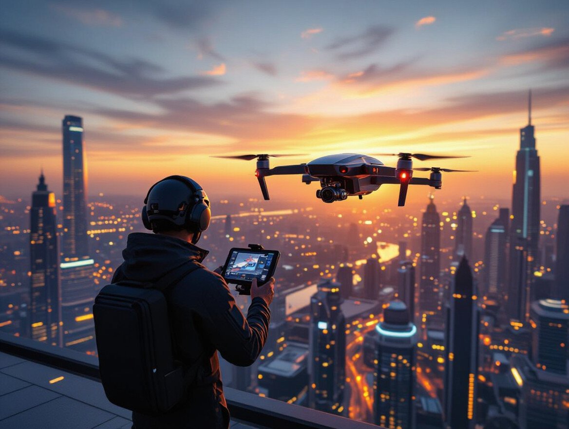 Ein Drohnenpilot steuert seine Drohne über einer Stadt bei Sonnenuntergang.