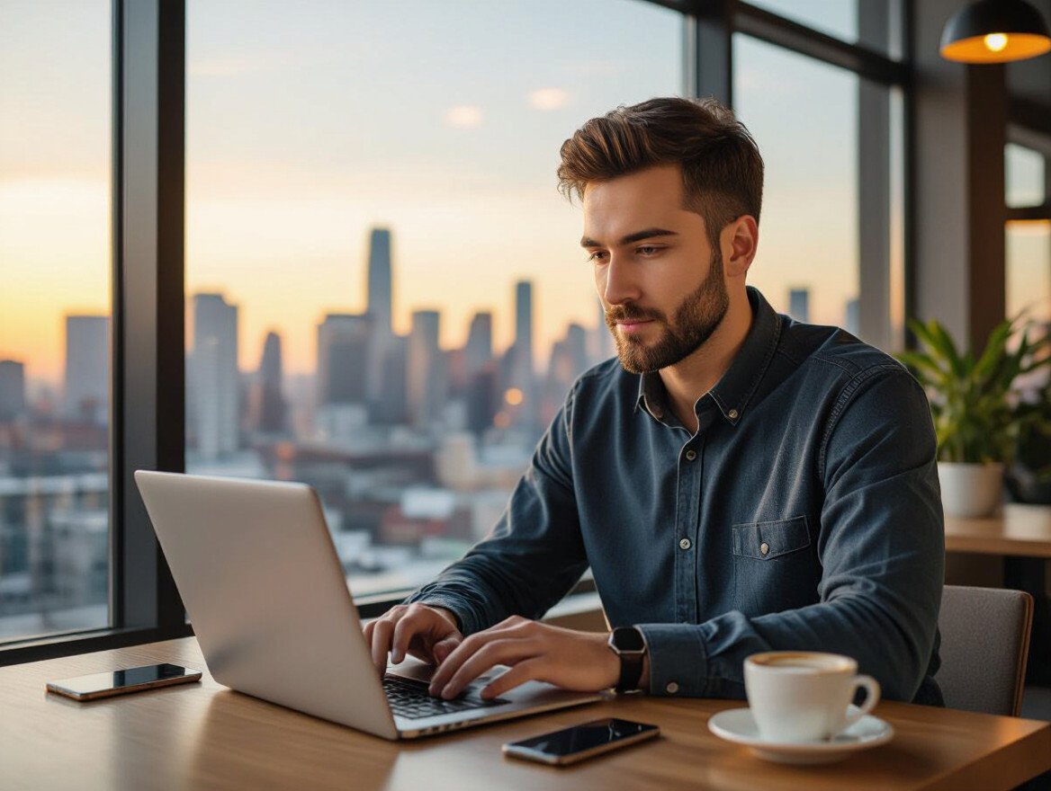 Ein junger Mann arbeitet konzentriert an einem Laptop in einem modernen Café mit Stadtblick.