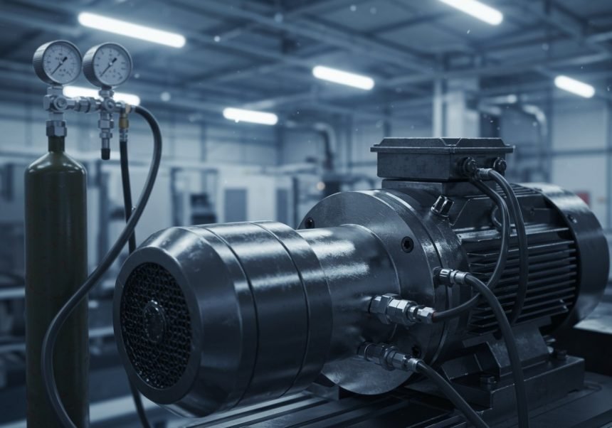 Ein Pneumatikmotor mit Druckluftanschluss in einer industriellen Umgebung.