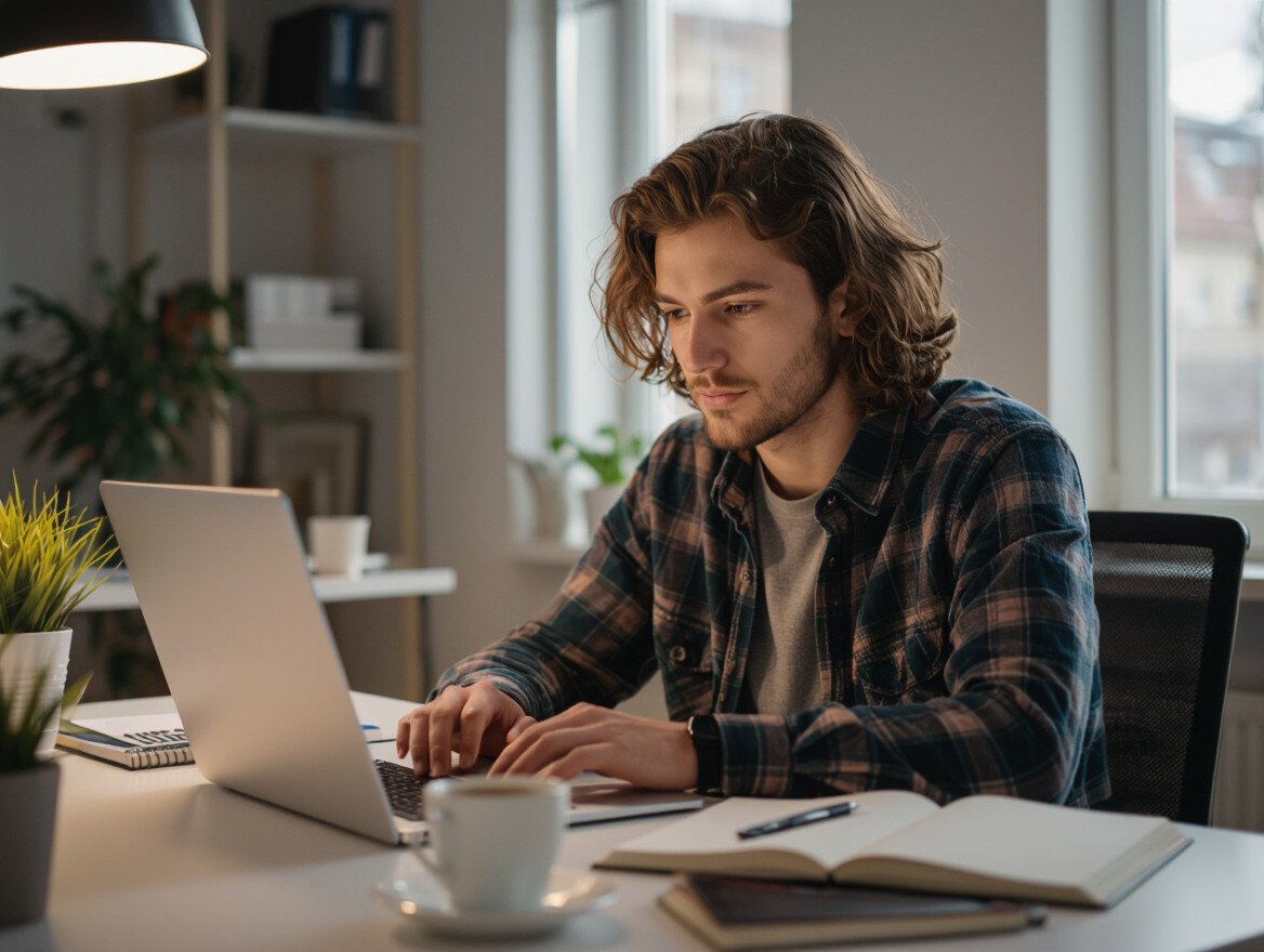 Ein junger Mann lernt konzentriert am Laptop in einem modernen Arbeitsumfeld.