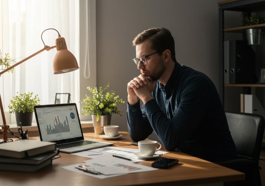 Ein nachdenklicher Mann sitzt an einem Schreibtisch mit Laptop und Unterlagen.