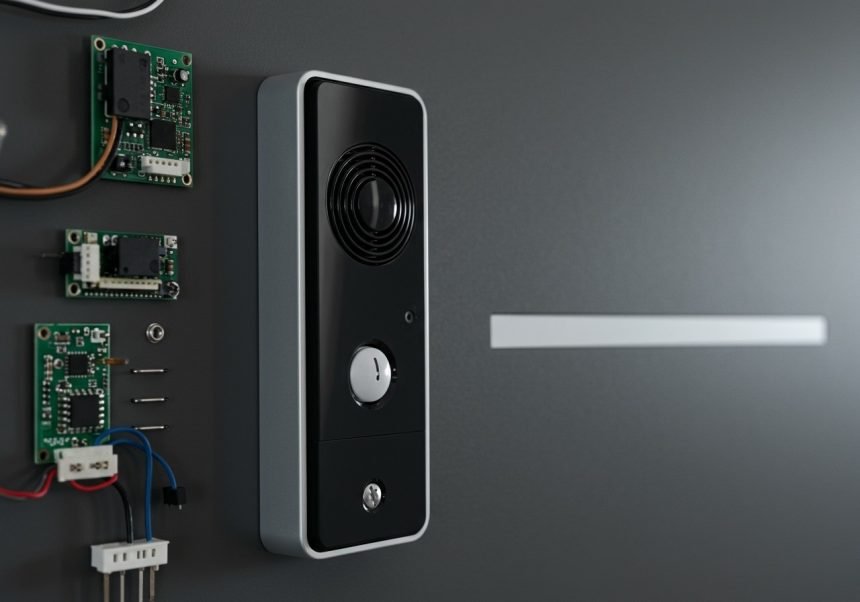 Eine moderne Elektroklingel mit Schaltkreisen und Lautsprecher, montiert an einer Wand.
