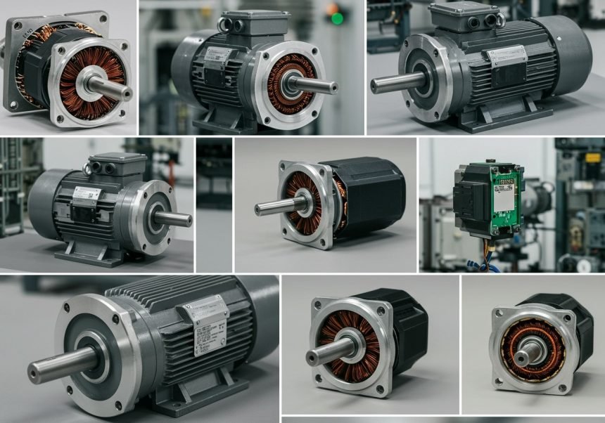 Verschiedene Elektromotoren mit sichtbaren Wicklungen und Gehäusen.