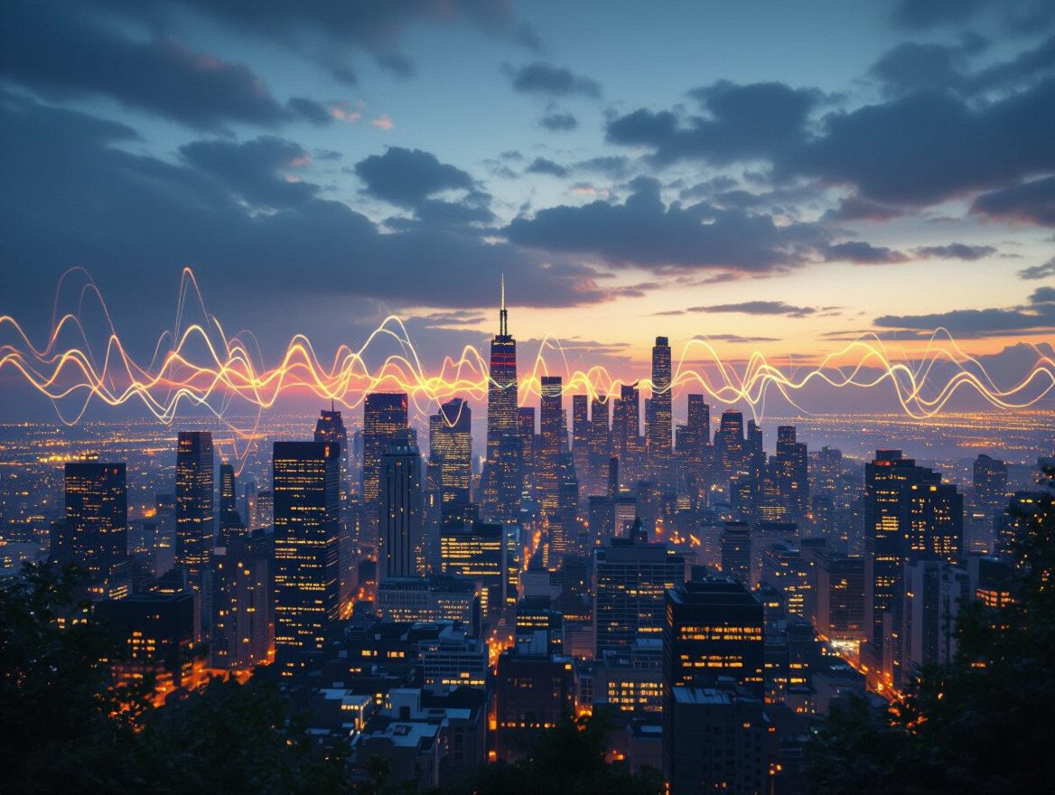 Stadtansicht mit Wellenmustern, die elektromagnetische Störungen symbolisieren.